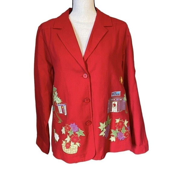 HEARTS Of Palm Womens Size 16 Red Blazer Tropical Island Cafe 3 Button Lined - Picture 1 of 12